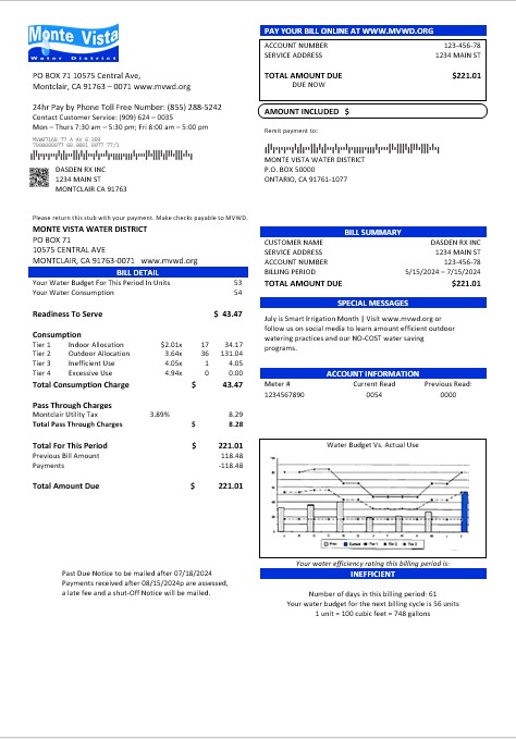 USA California Monte Vista Water District business utility bill template in Word and PDF formats